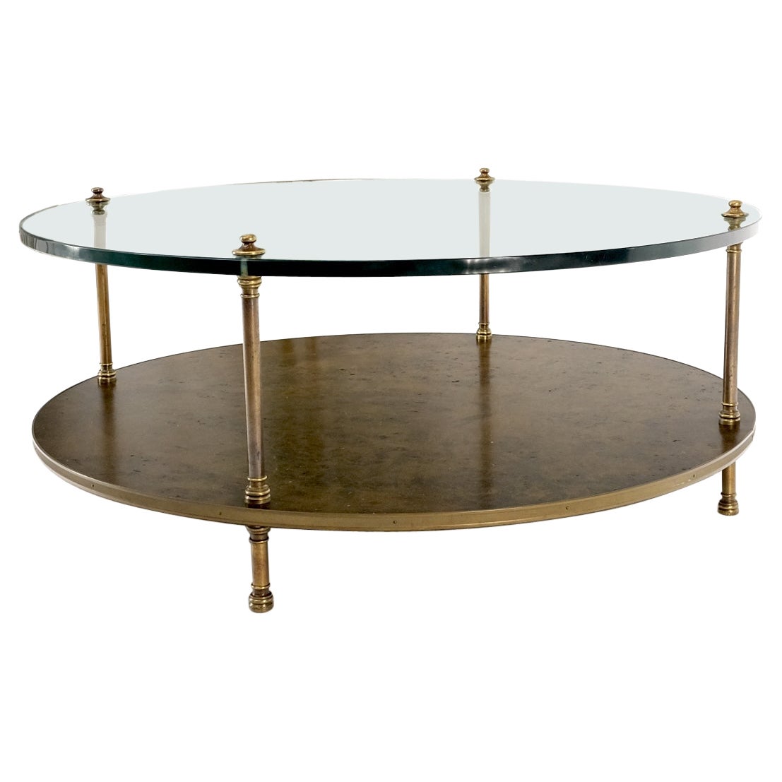 Large Round Two Tier Burl Wood Thick Glass Top Coffee Center Table