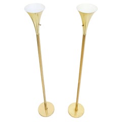 Pair of Mid Century Modern Brass Trumpet Shape Floor Lamps Torcheres