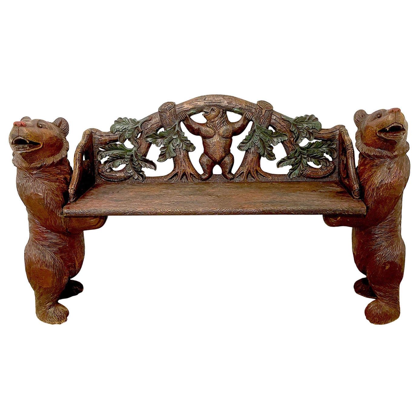 Black Forest Carved Walnut & Polychromed 'Three Bears' Bench
