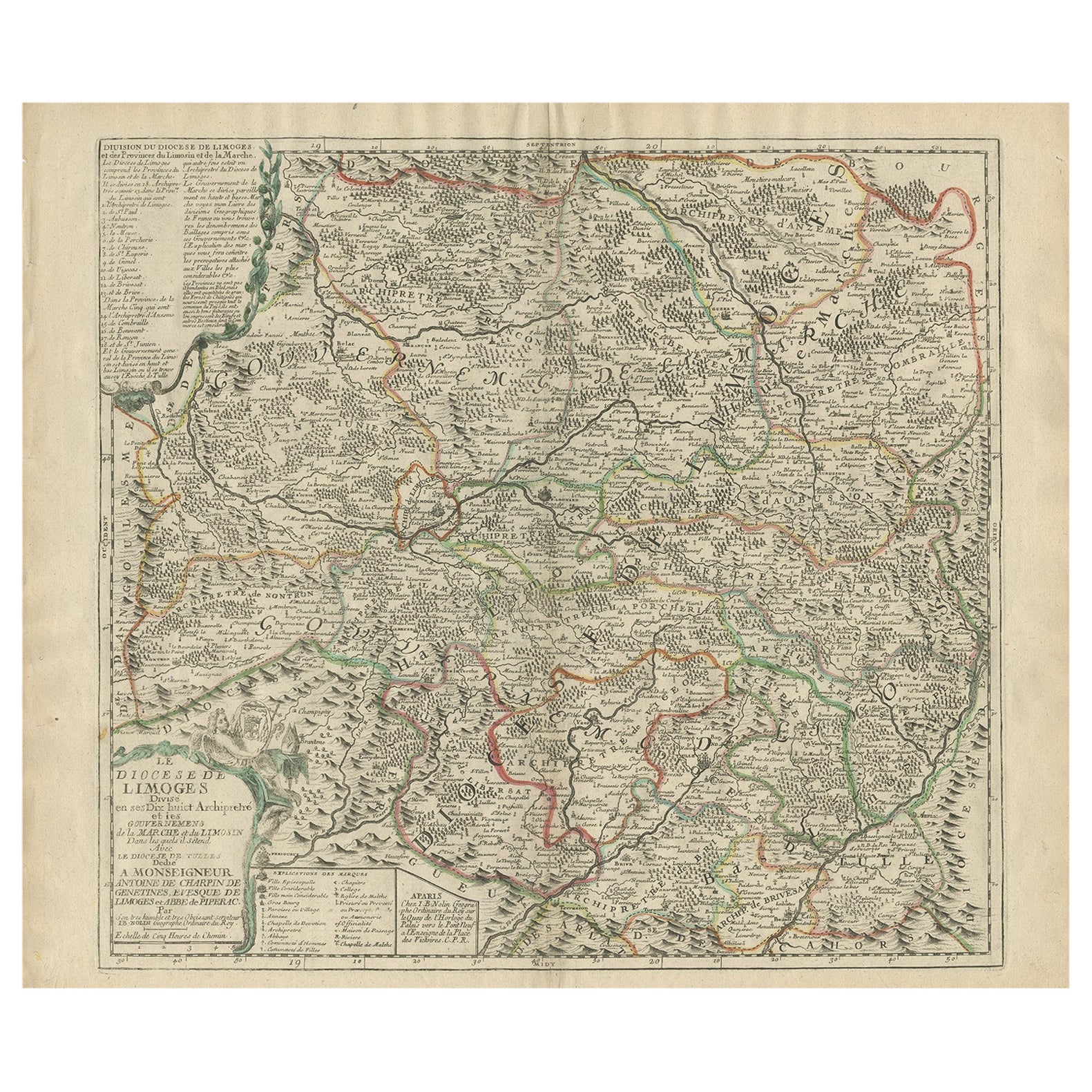 Carte ancienne de la région de Limoges en France, vers 1690