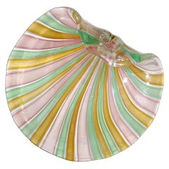 Cenedese Murano A Canne Ribbons Mirrored Italian Art Glass Seashell Dish Bowl
