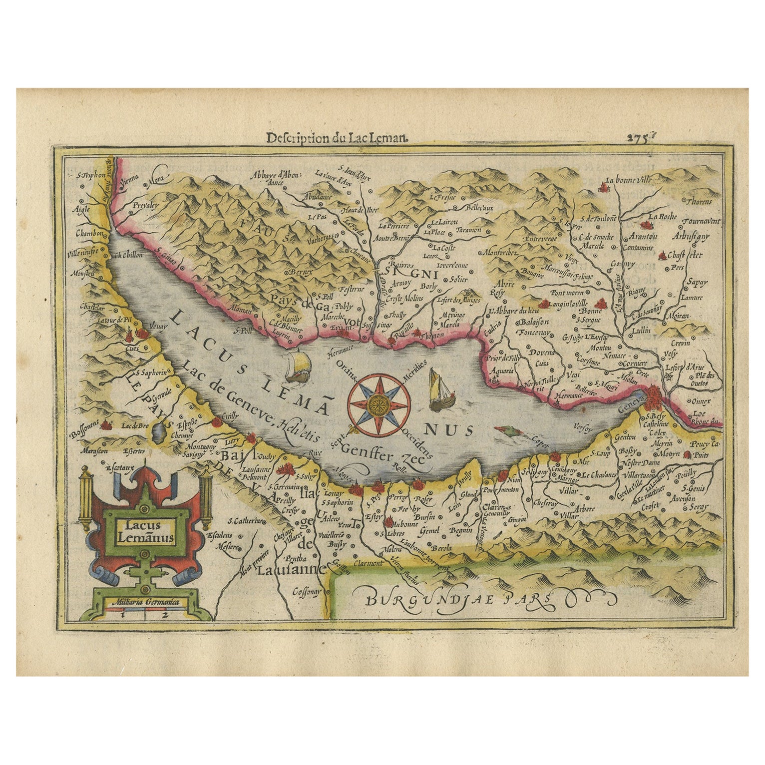 Beautiful Original Copper Engraved Map of Lake Geneva in Switzerland, 1613 For Sale