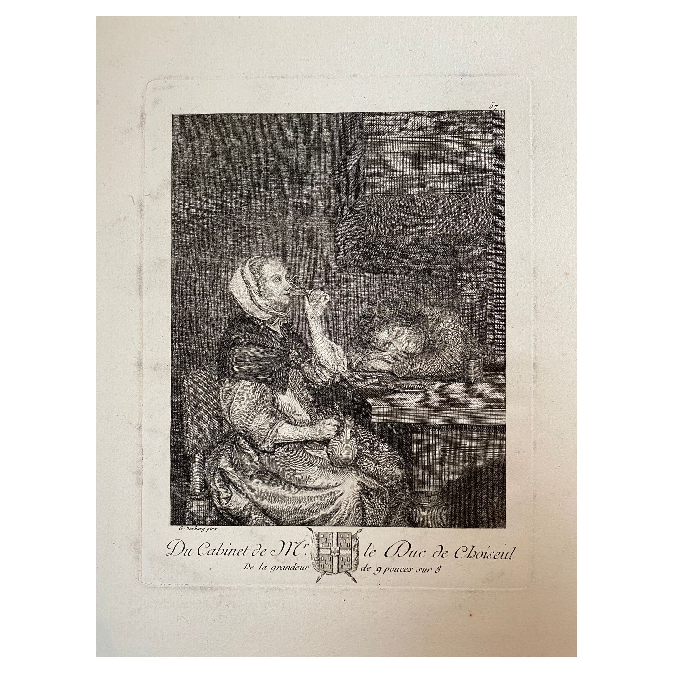 Gerard Ter Borch Genre Scene "The Two Drinkers" Engraving 17th Century  For Sale