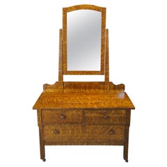 Antique Victorian Quartersawn Oak 3 Drawer Dresser & Beveled Mirror Chest Vanity