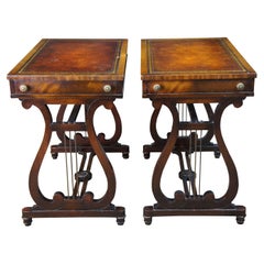 2 Antique Heirloom Weiman Flame Mahogany Leather Top Lyre Shaped Side End Tables