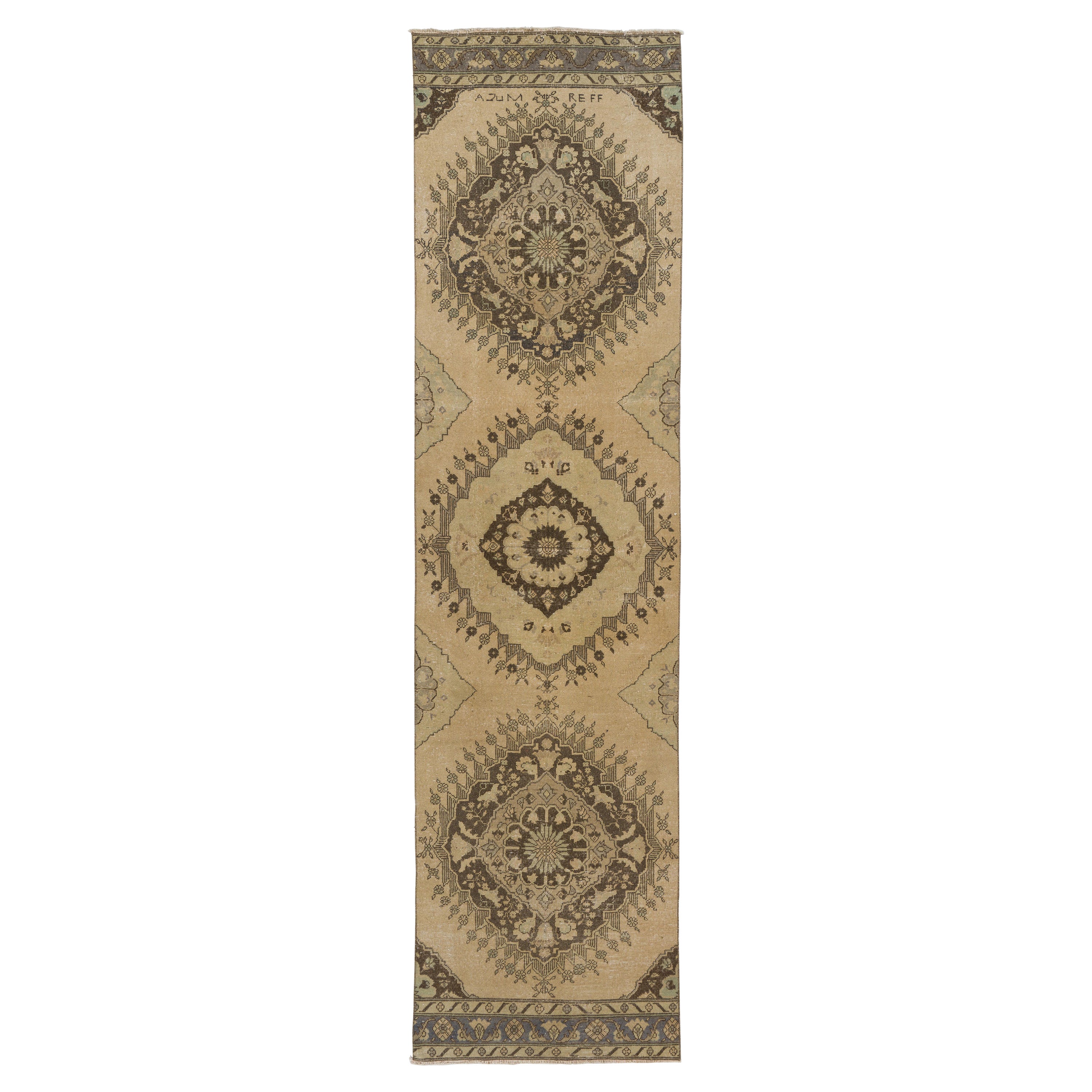 3.3x12.7 Ft Vintage Runner Rug in Beige. Handmade Anatolian Carpet for Hallway