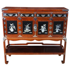 Vintage Chinese Elm Mother of Pearl Cabinet Chest on Stand Chinoiserie Ming Tansu Style