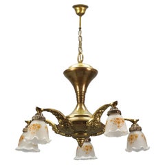 Vintage Art Nouveau Brass and Bronze Five-Light Chandelier with Frosted Glass Shades