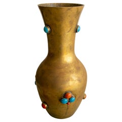 1980s Spanish Gilt Bronze Vase w/ Red and Turquoise Inlaid Stones