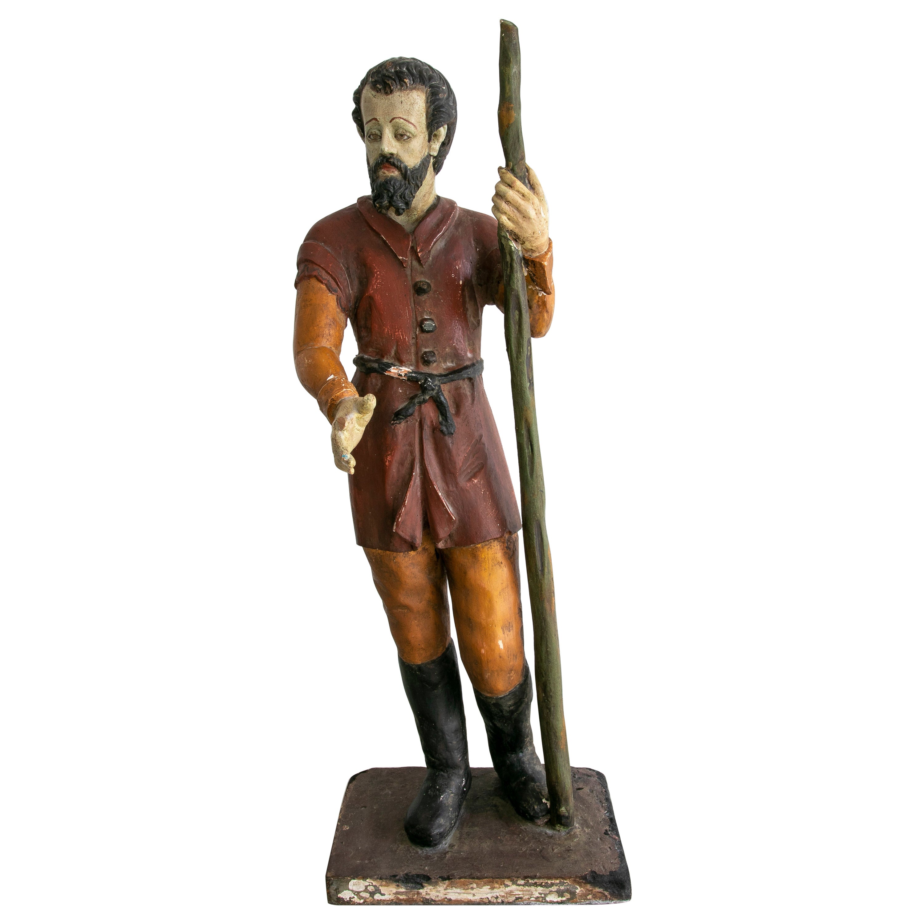19th Century Spanish Wooden Painted Figure Sculpture of a Saint Holding a Stick For Sale