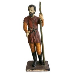 19th Century Spanish Wooden Painted Figure Sculpture of a Saint Holding a Stick
