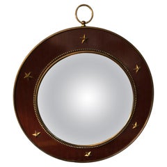 Masculine Round Convex Mahogany Mirror with Brass Stars