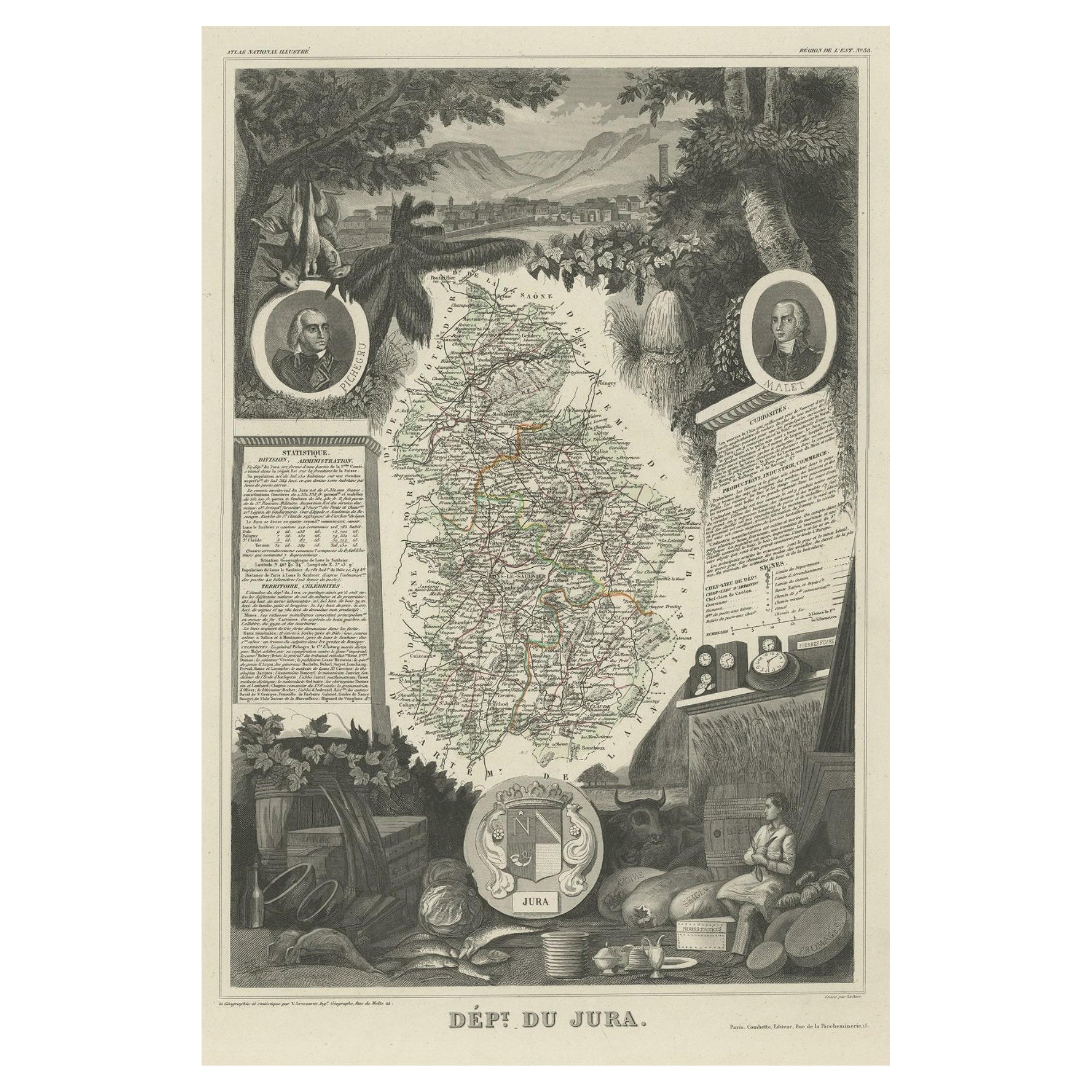 Antique Map of Jura, a Famous Wine Area in France, 1854 For Sale