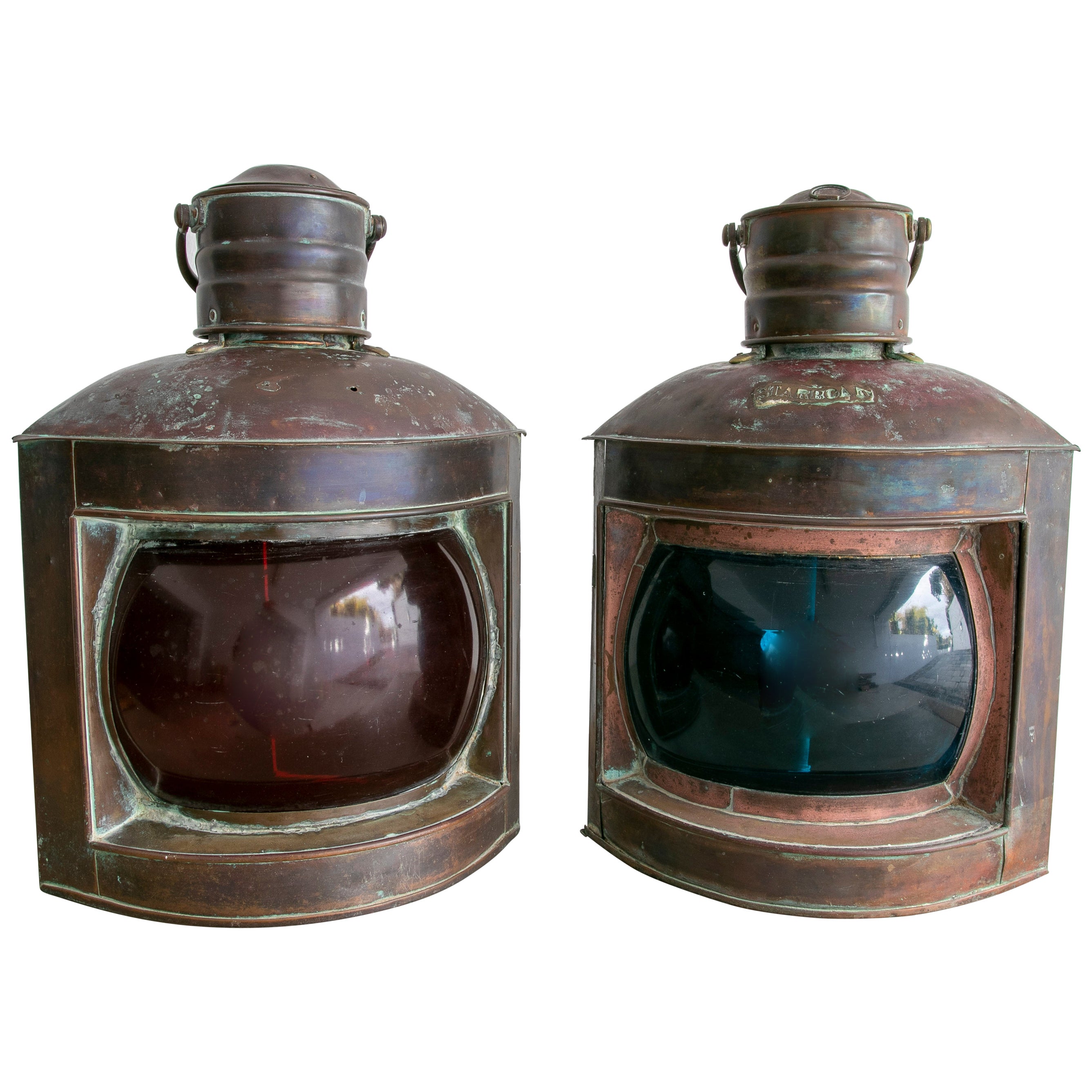 Pair of Brass Port and Starboard Ship Lanterns with Fresnel Lenses. NY, C. 1900