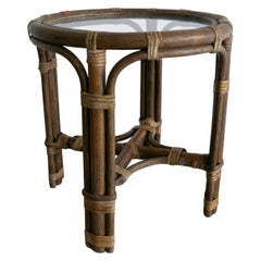 1980s Spanish Bamboo & Woven Cane Round Side Table w/ Glass Top