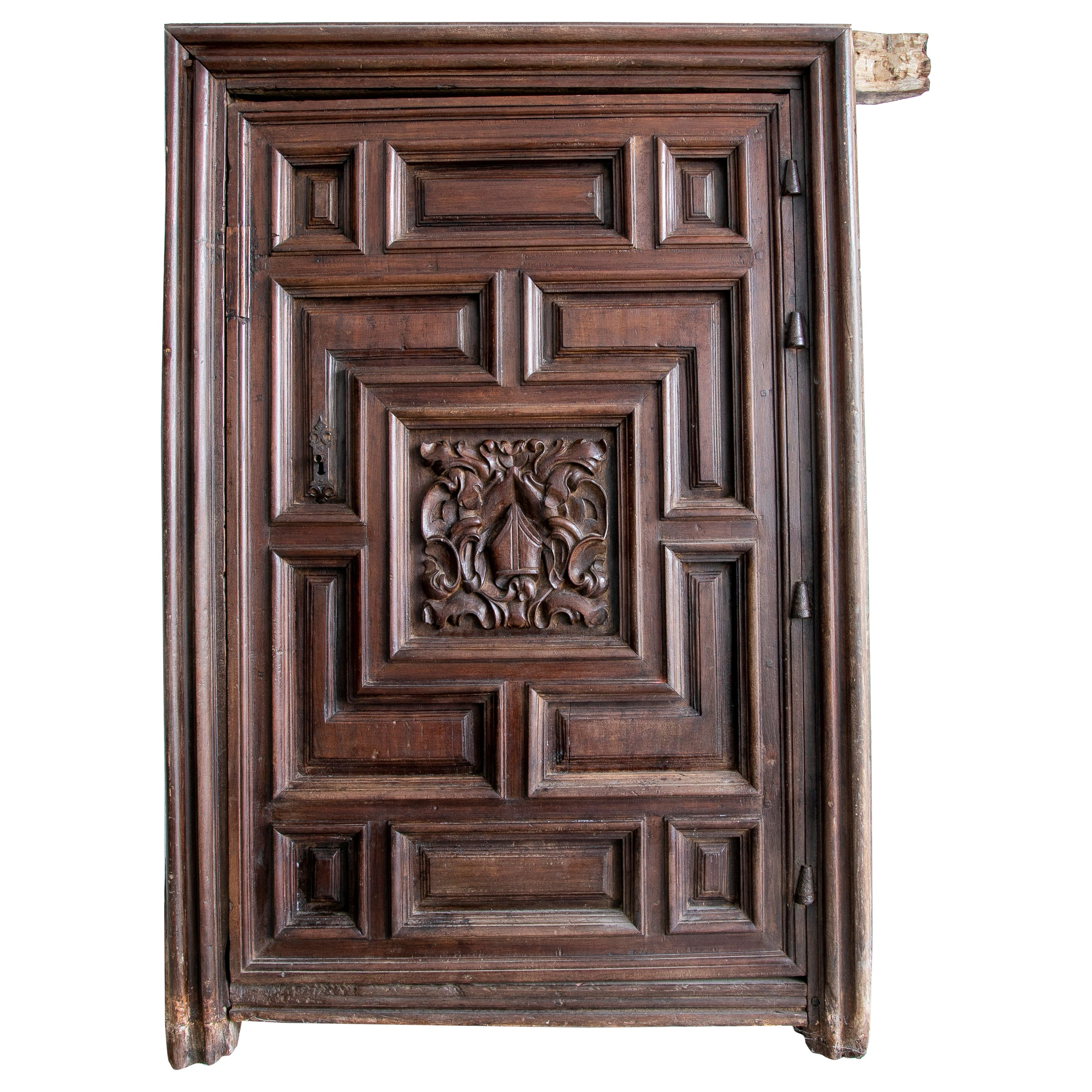 18th Century Spanish Hand Carved Walnut Wide Panel Door w/ Mitre on Crest For Sale