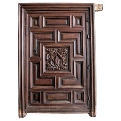 18th Century Spanish Hand Carved Walnut Wide Panel Door w/ Mitre on Crest