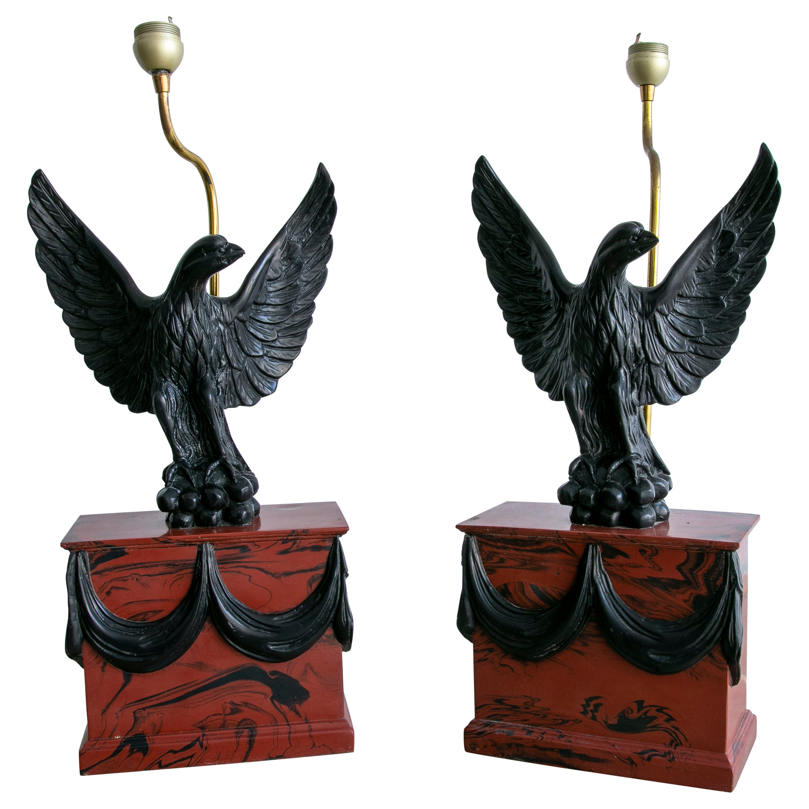 Pair of 1970s Italian Faux Marble Resin Table Lamps w/ Eagle Figure Sculptures For Sale