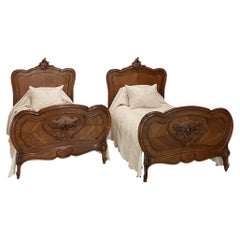 Antique Pair 19th Century French Louis XV Walnut Twin Beds