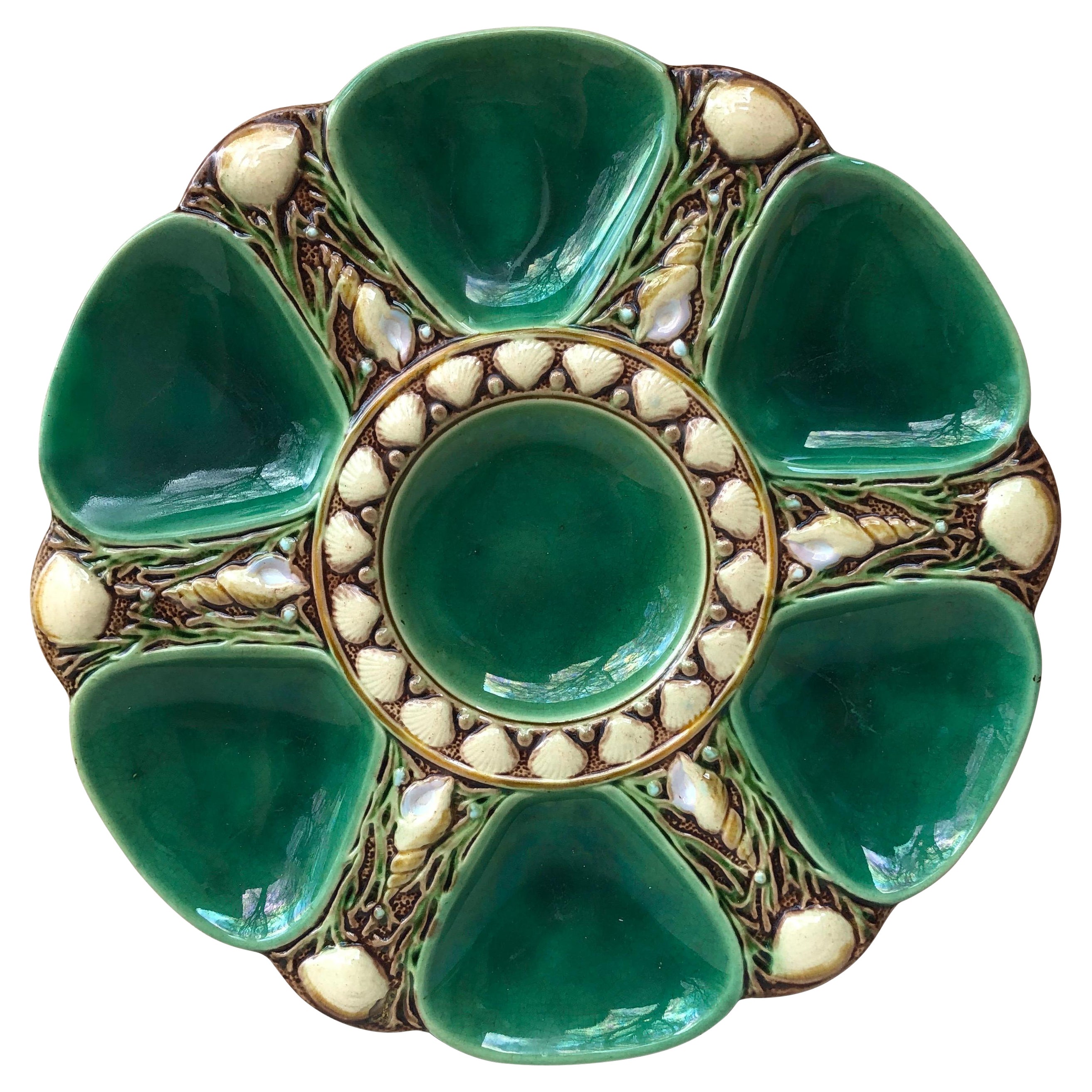 19th Century Green Majolica Oyster Plate Minton
