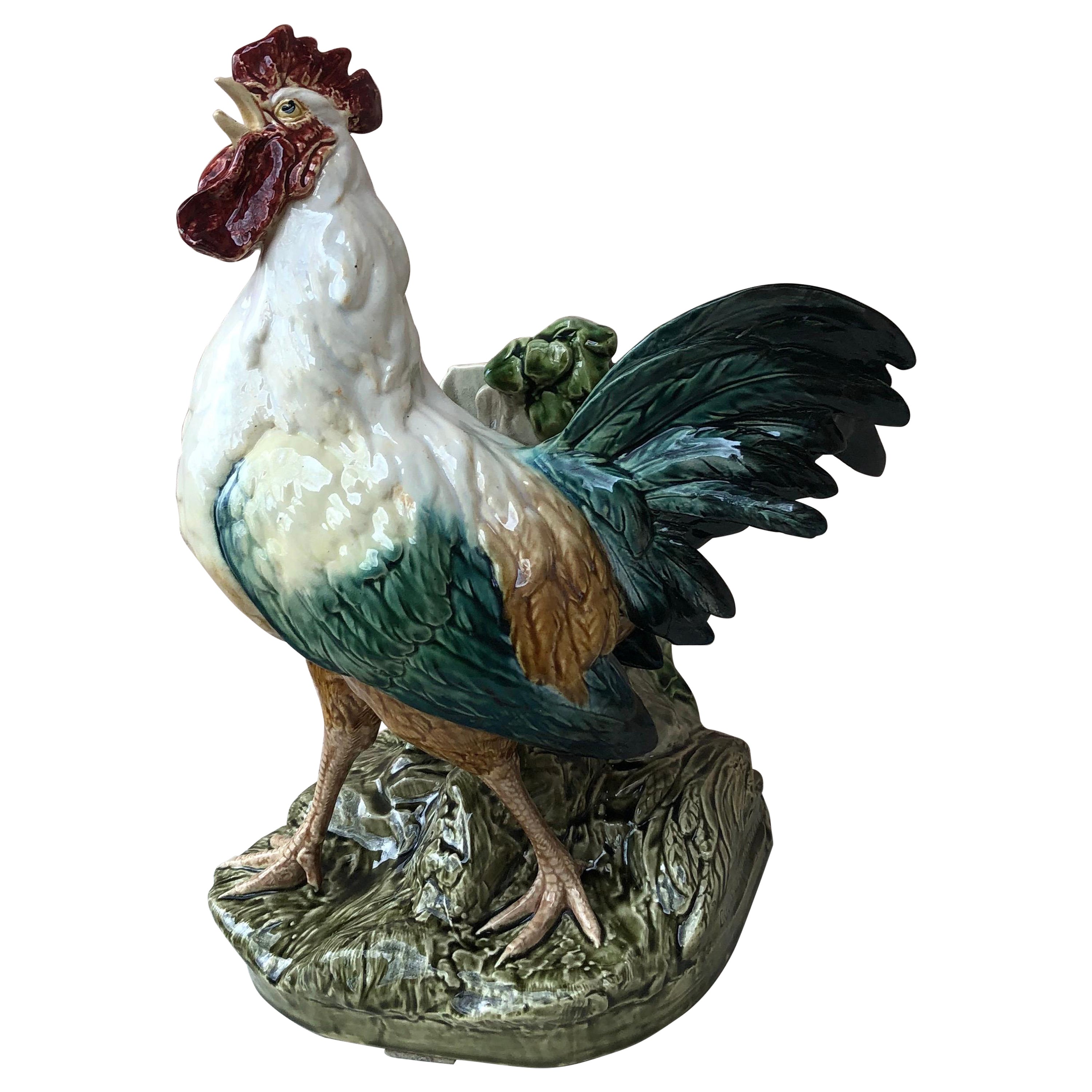 C.1890 Majolica Rooster Vase Choisy Le Roi by Carrier Belleuse