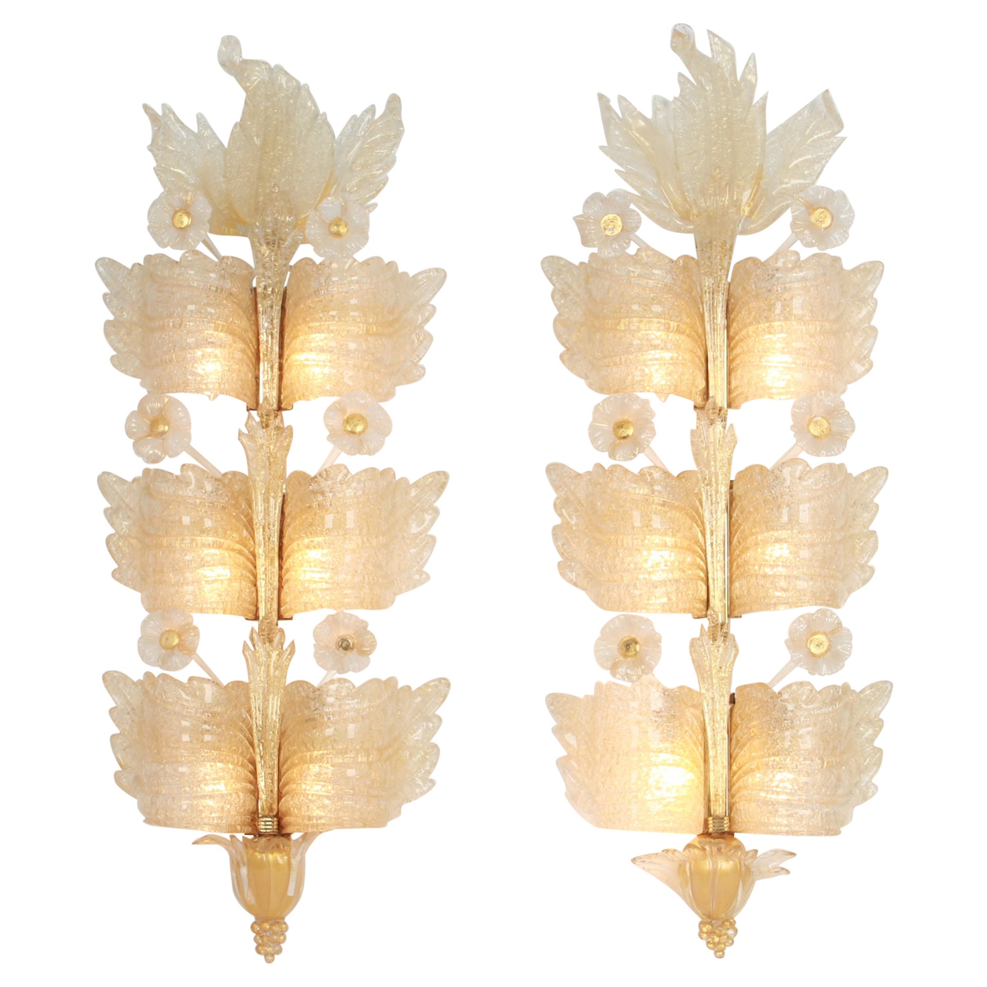 Pair of Extra Large Murano Glass Wall Sconces by Barovier & Toso, Italy, 1970s