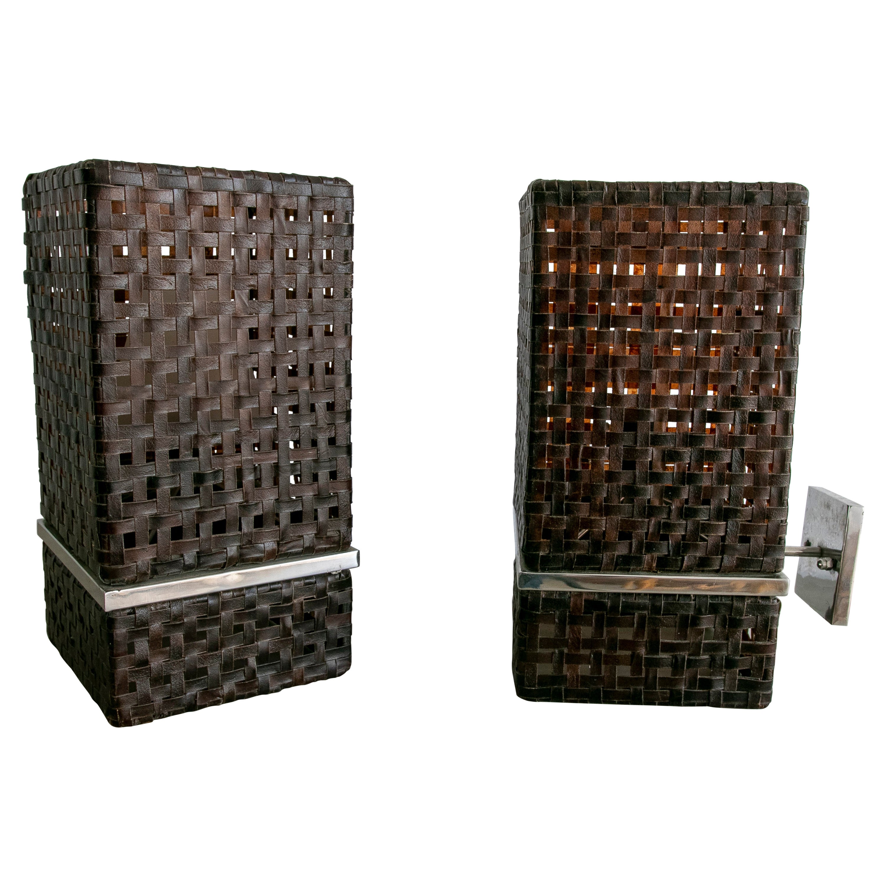 Pair of 1990s Italian Hand Woven Leather & Steel Designer Table Lamps  For Sale