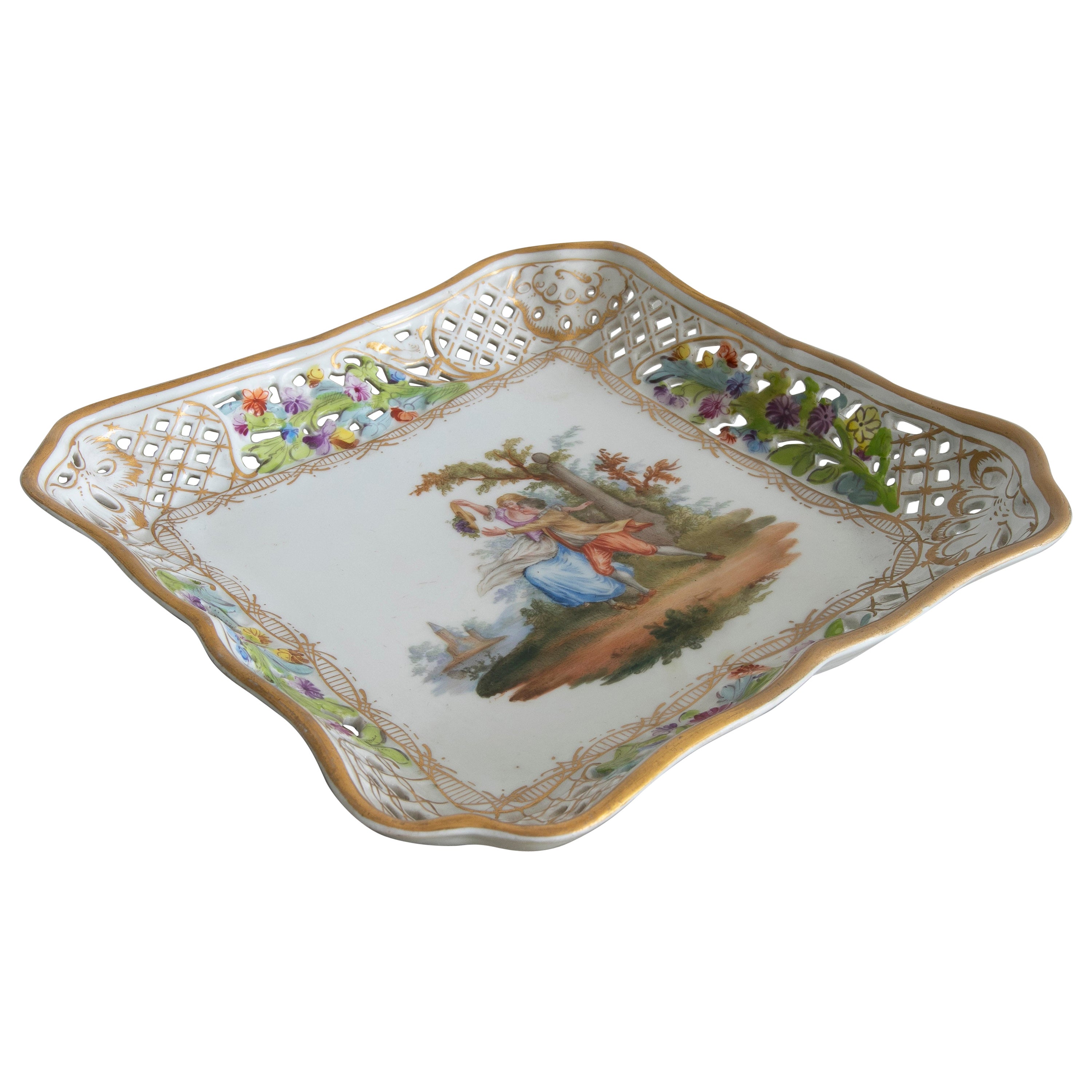Original 1950s German Meissen Stamped Porcelain Tray w/ Couple Vignette For Sale