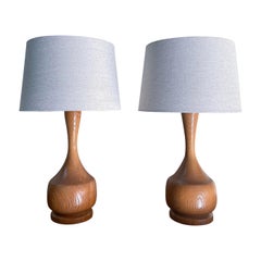 Vintage Turned Solid Oak Table Lamp Pair, 1970’s