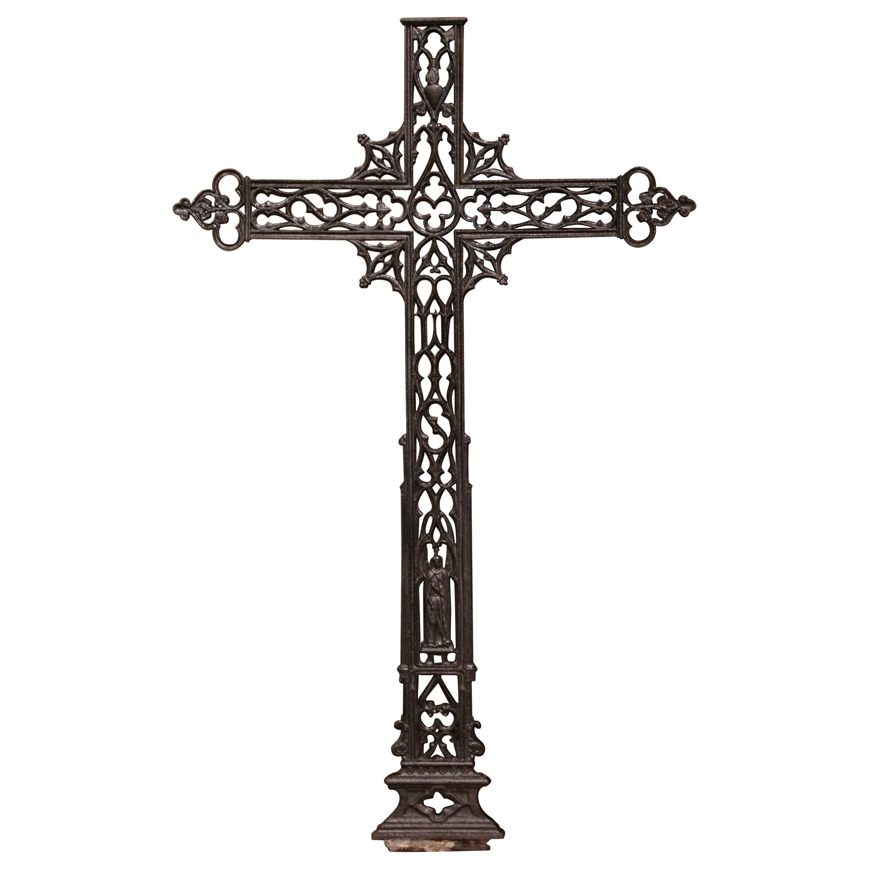 19th Century French Polished Iron Garden Cross with Virgin Mary