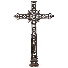 19th Century French Polished Iron Garden Cross with Virgin Mary