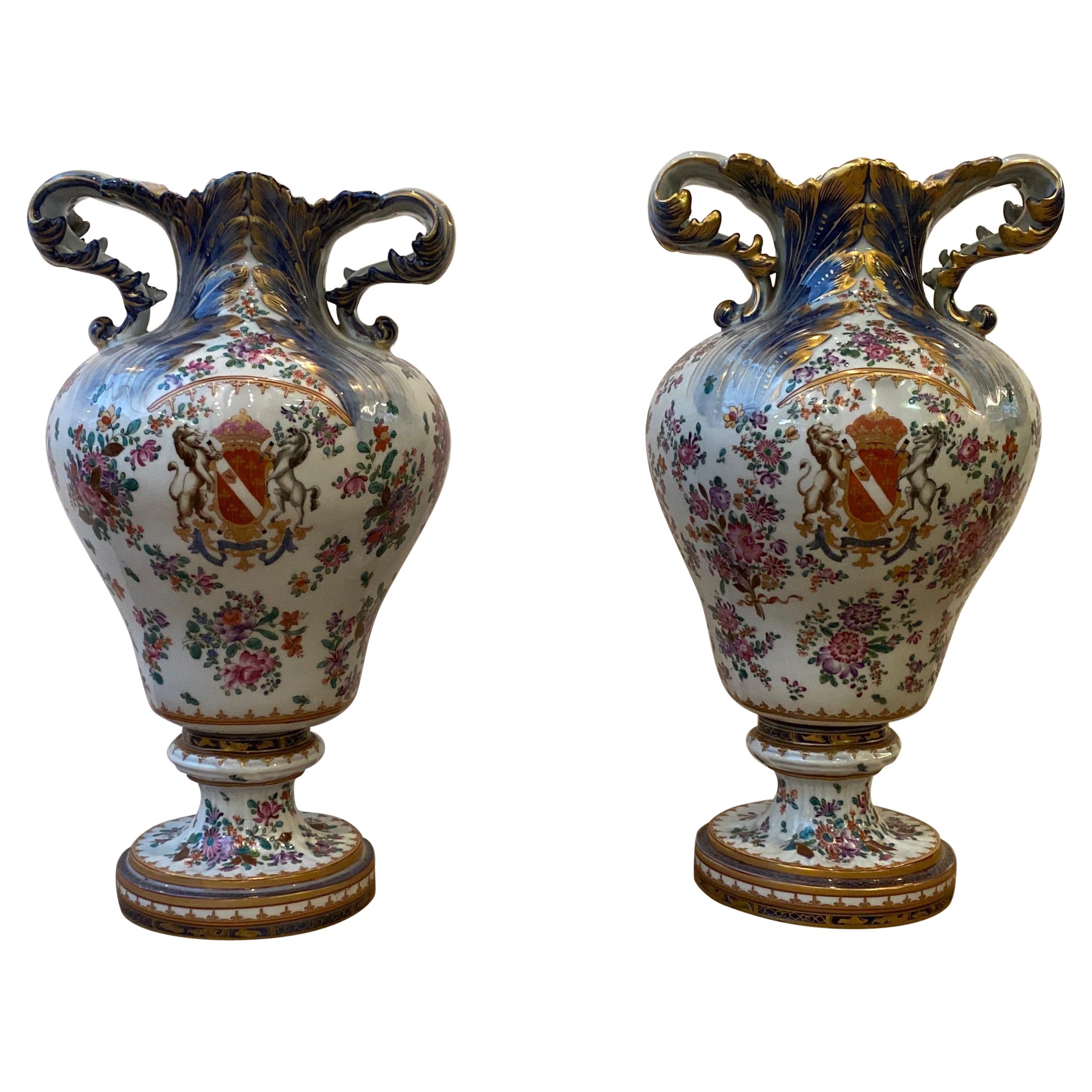 Pair of Porcelain Armorial Urns by Naples Capodimonte 19th Century