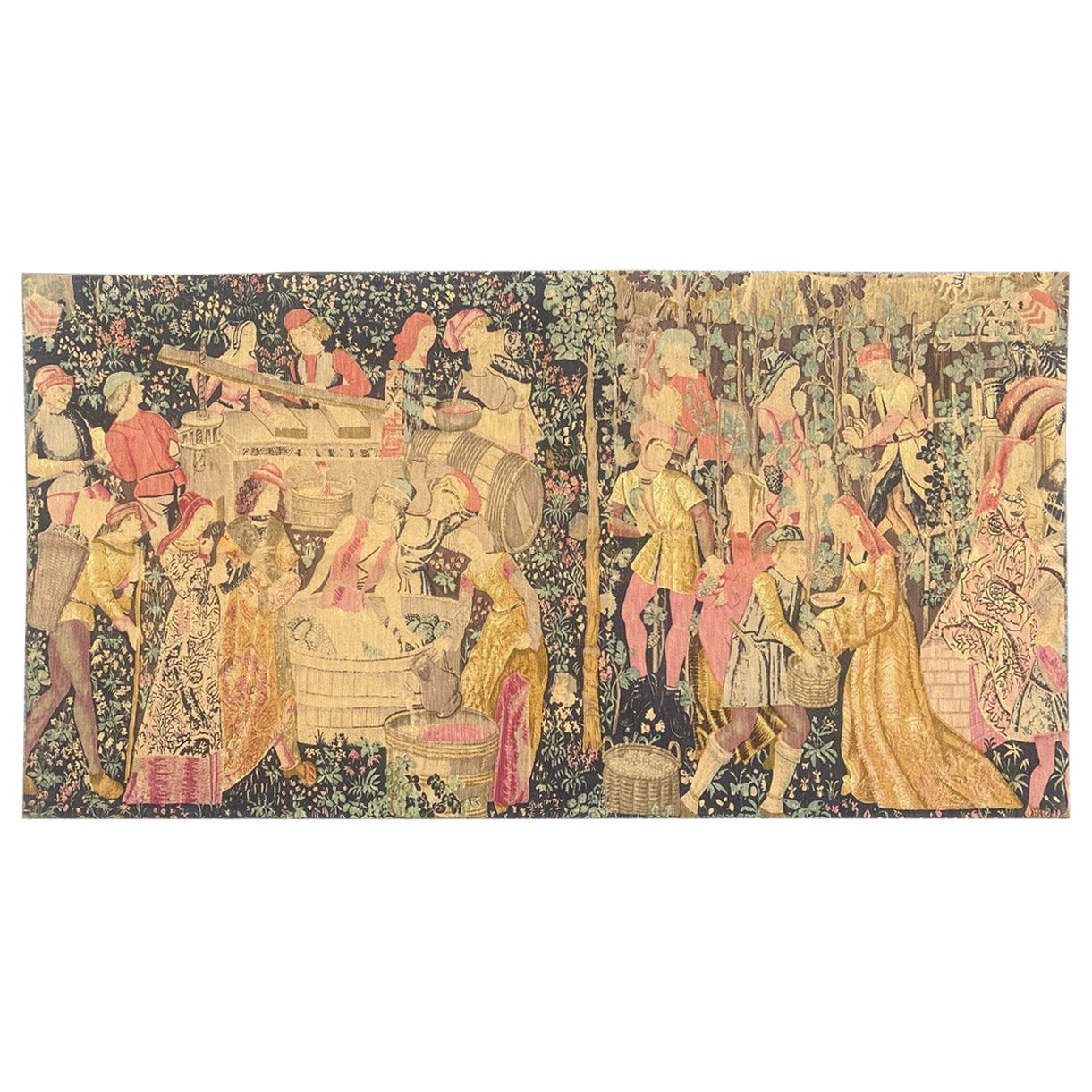 Pretty Vintage French Hand Printed Tapestry Medieval Museum Design