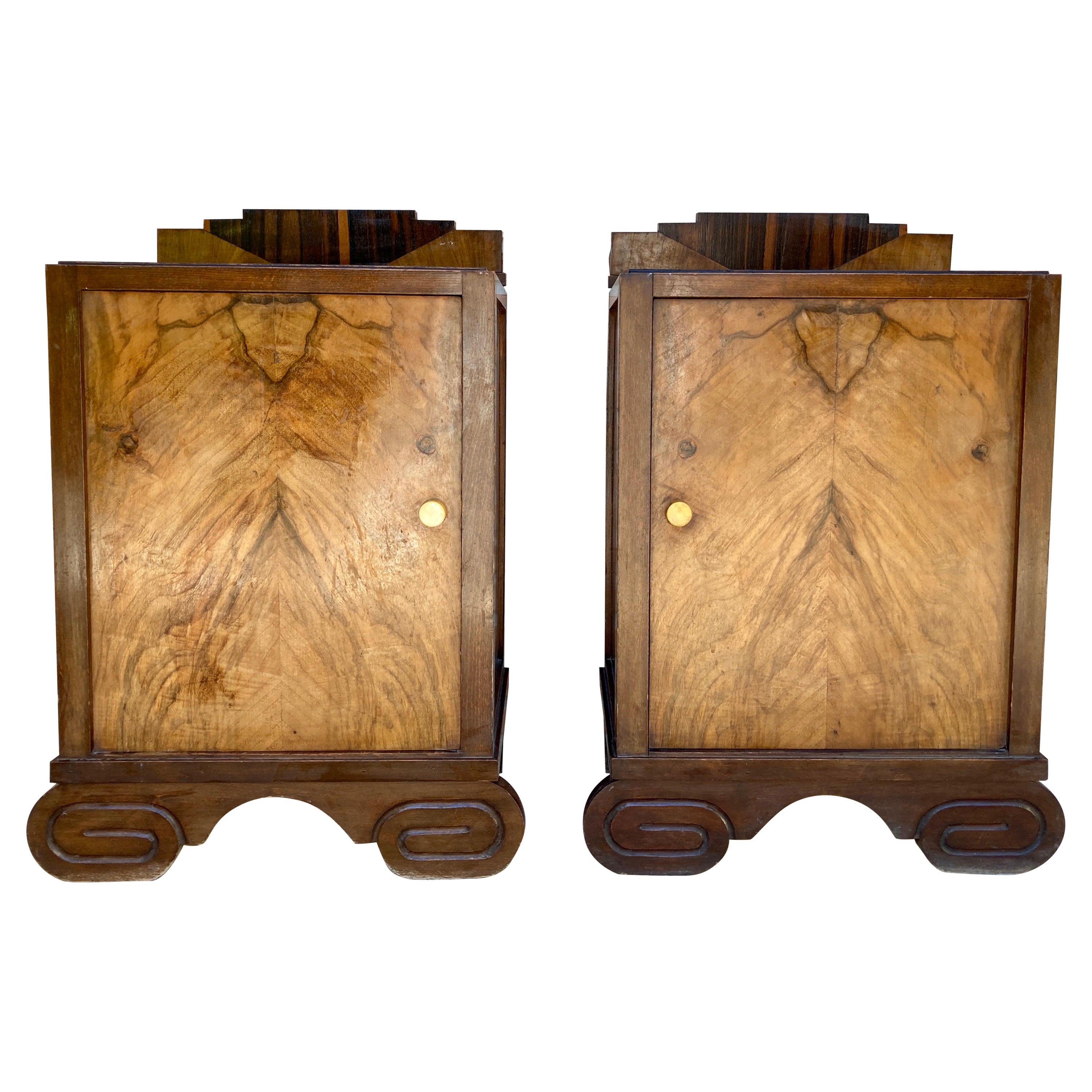 Art Deco Walnut Slab Side Cabinets or Nightstands with Carved Base, 1930s, Set o For Sale