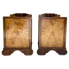 Art Deco Walnut Slab Side Cabinets or Nightstands with Carved Base, 1930s, Set o