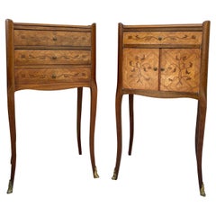 Early 20th Century French Bedside Tables or Nightstands in Marquetry and Bronze