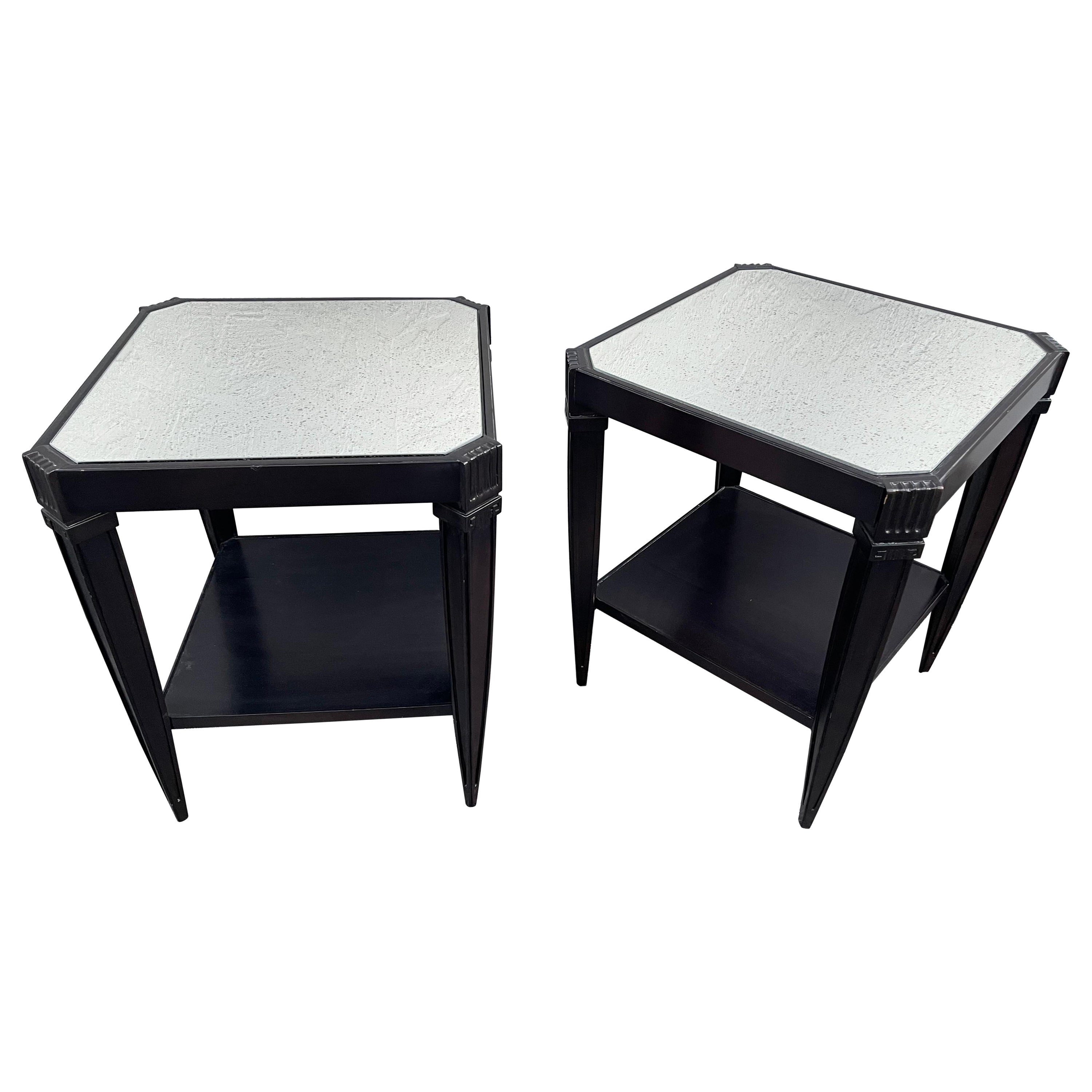 Pair of Ebonized & Mirrored Two Tier End Tables by Dessin Fournir For Sale