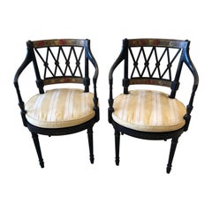Charming Pair of Antique Regency Hand Painted & Caned Armchairs