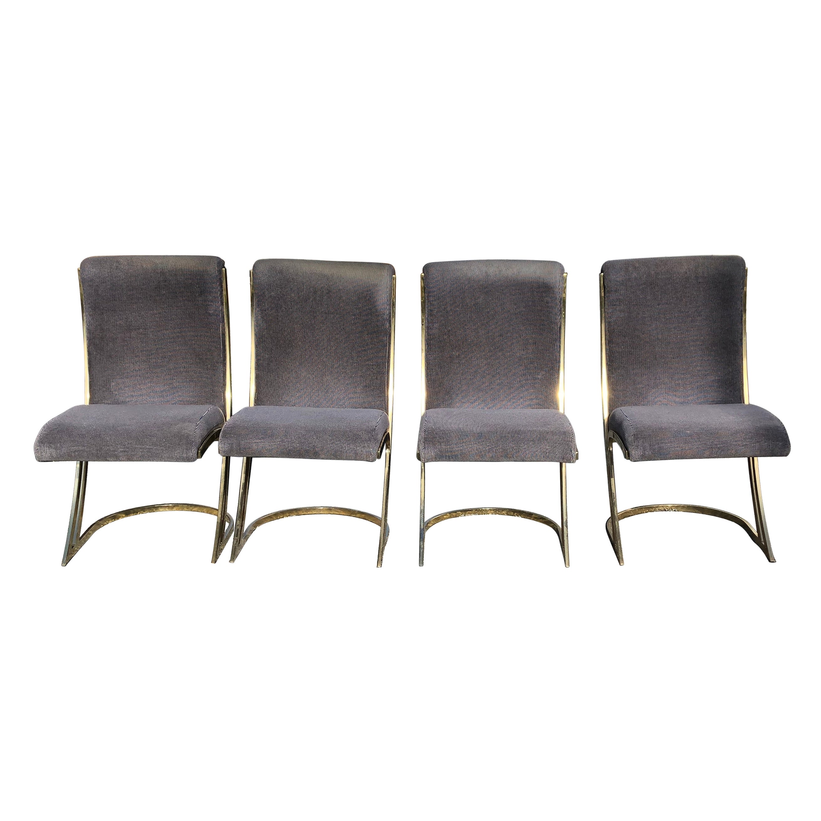 Super Cool Set of 4 Mid-Century Modern Brass and Upholstered Dining Chairs