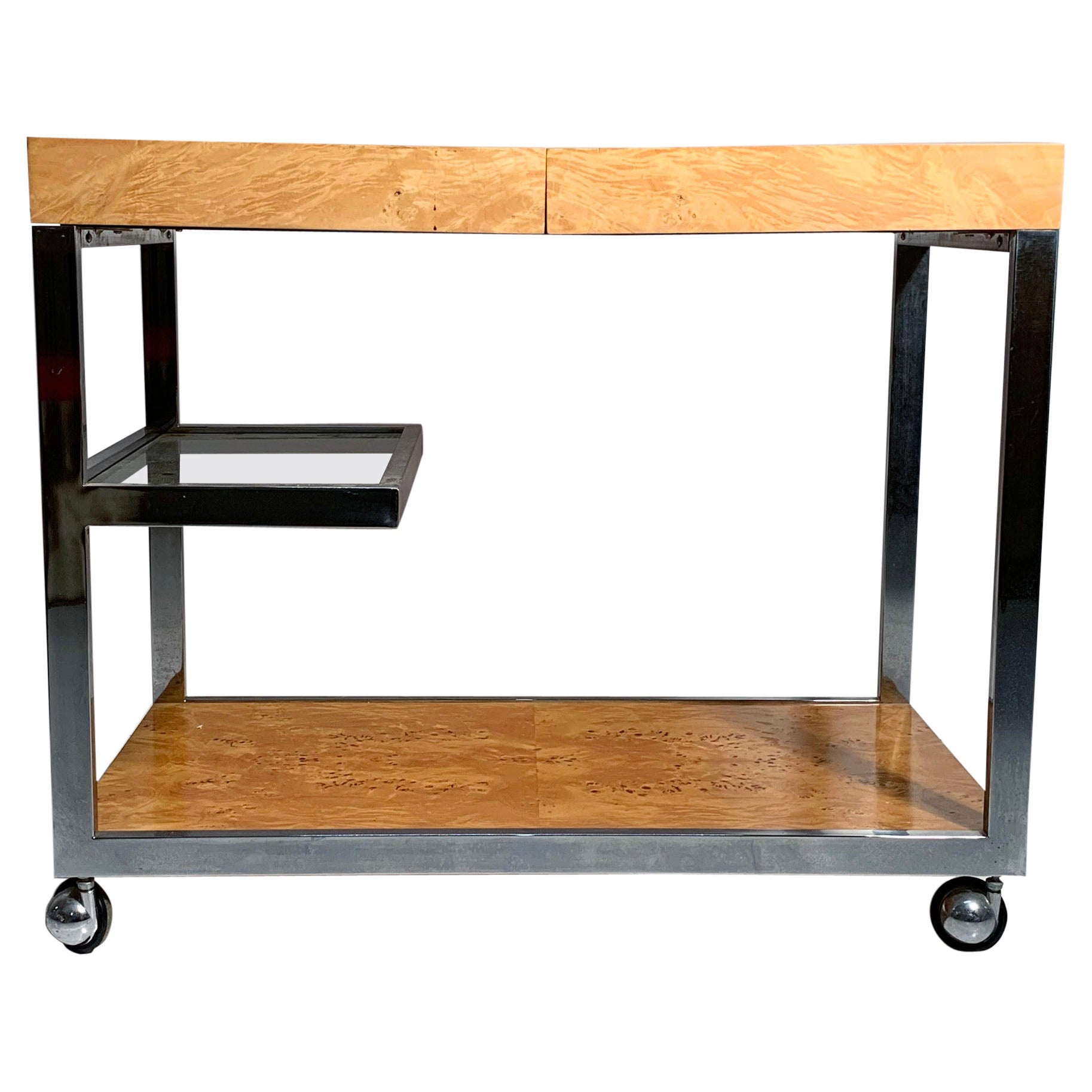 Vintage Burl Wood Server Bar Cart Attributed to Milo Baughman For Sale