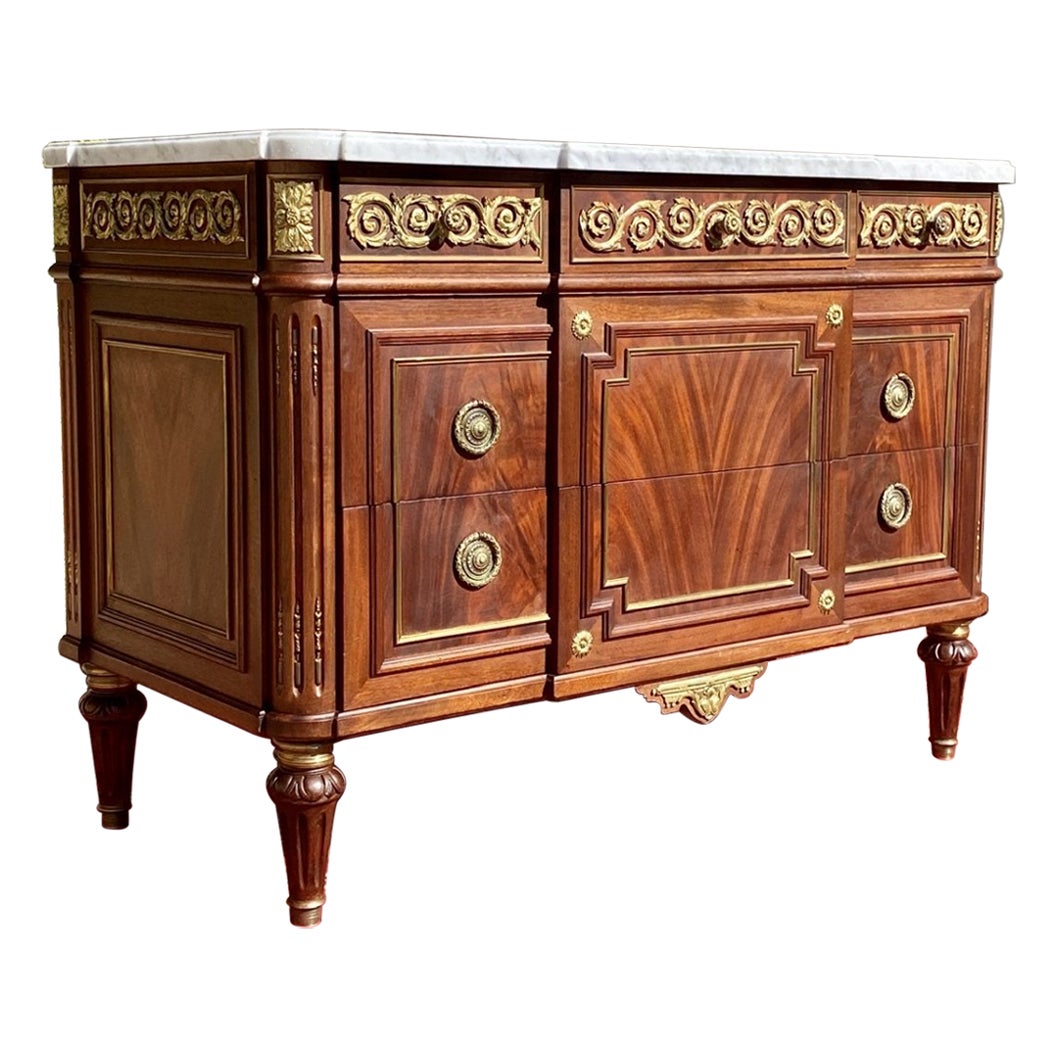 Louis XVI Style, Mahogany and Gilt bronze Commode with Marble, 20th Century