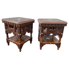 Pair of Hand Carved & Inlaid Mother of Pearl Side Tables