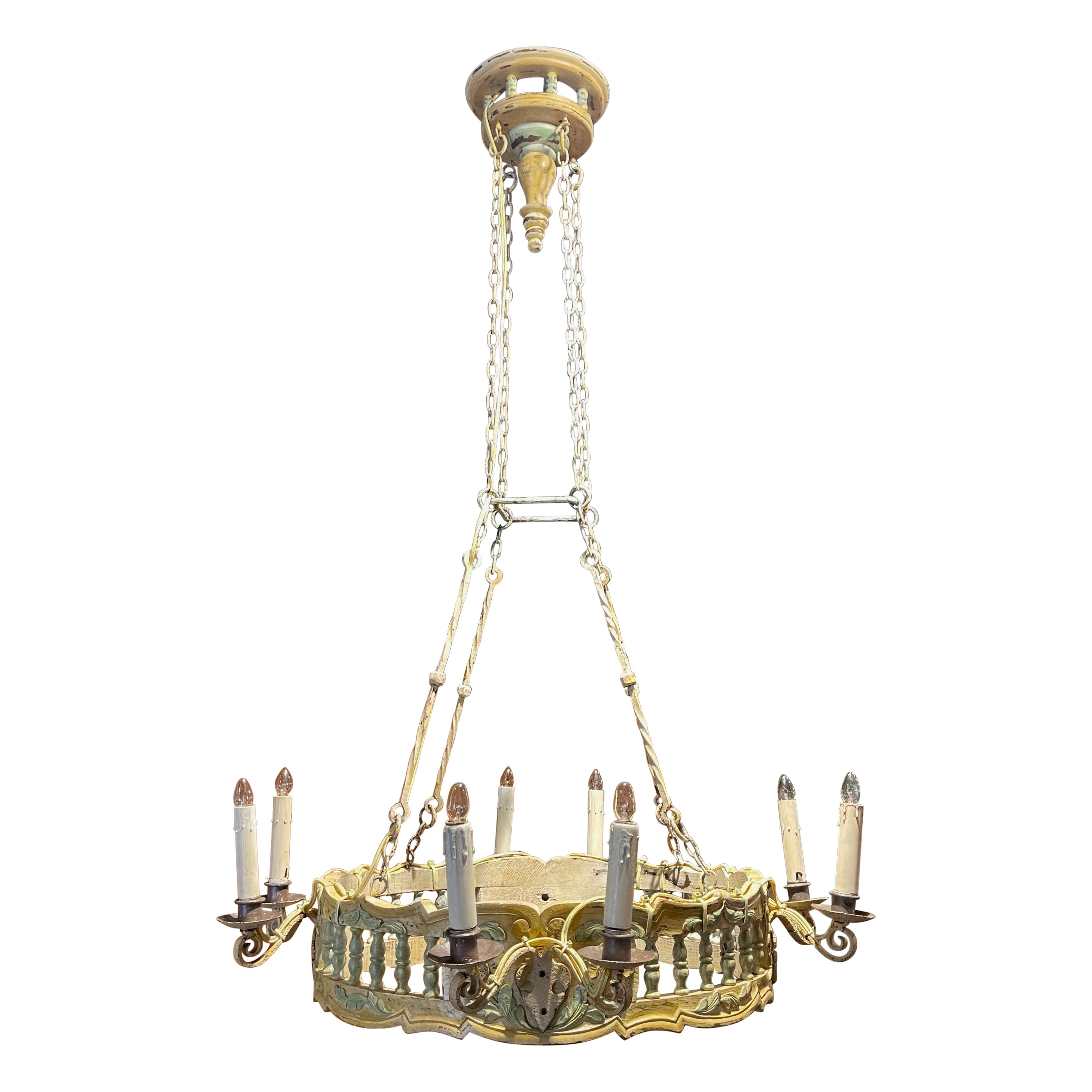 Early 20th Century French Painted Carved Walnut Eight-Light Chandelier