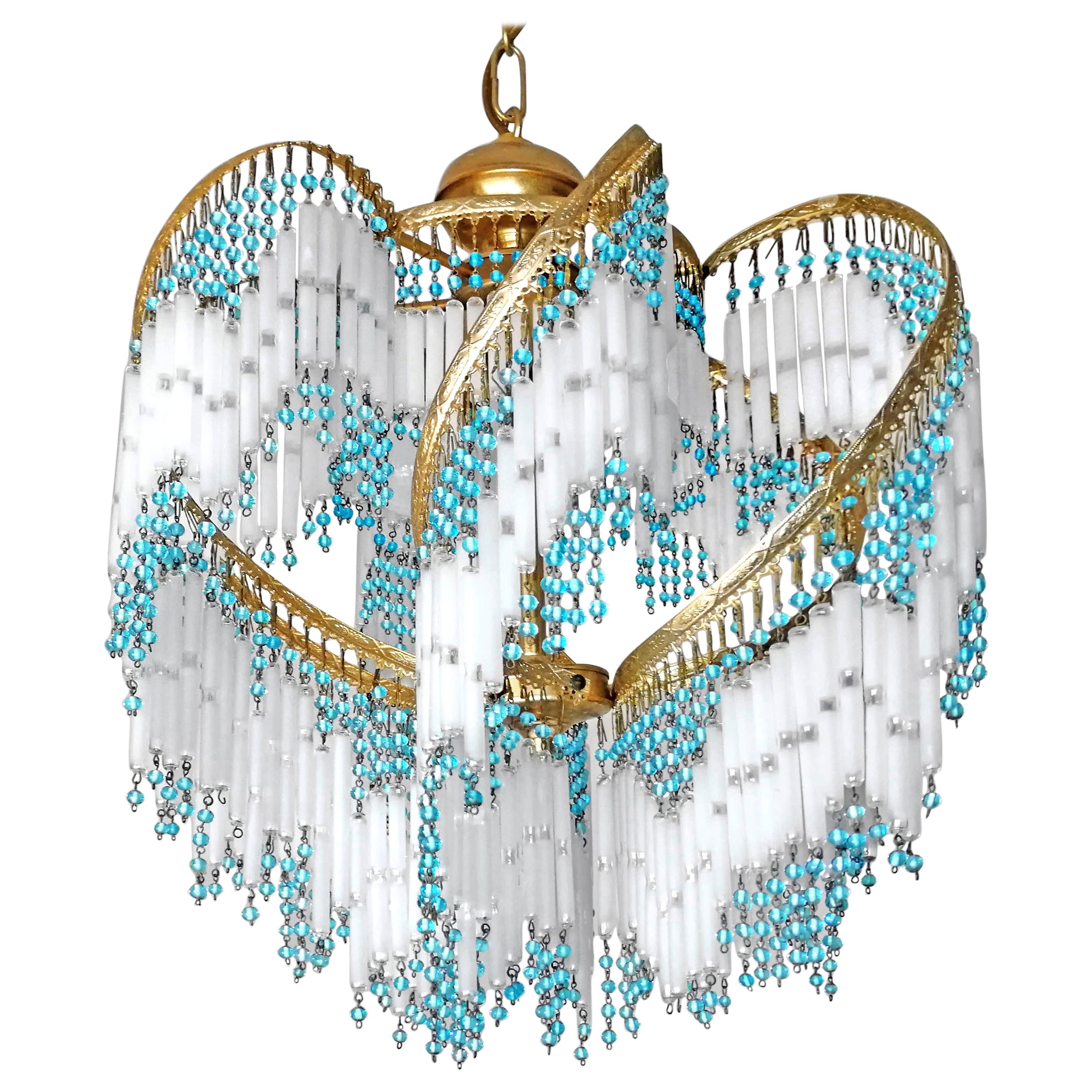 Art Deco and Art Nouveau Blue Beaded and Etched Glass Fringe Gilt Chandelier