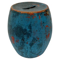19th Century Blue Painted Redware Pottery Barrel Form Bank