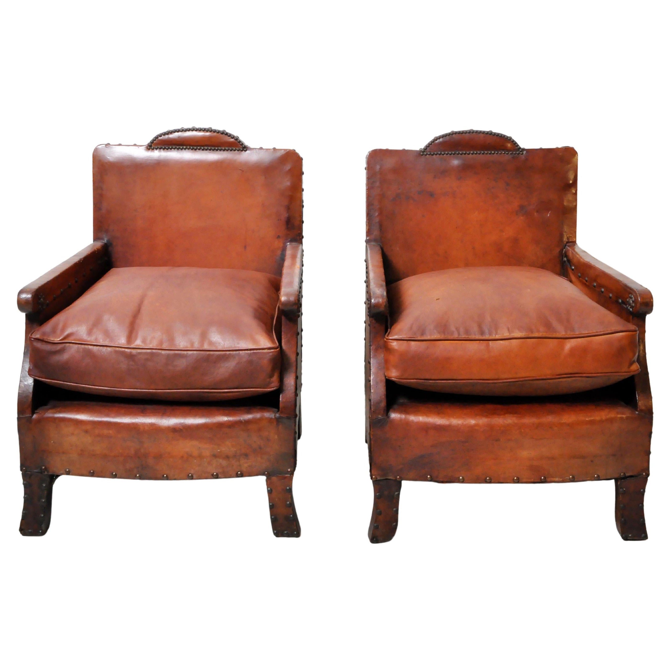 Pair of Art Deco Club Chairs with New Leather Seats