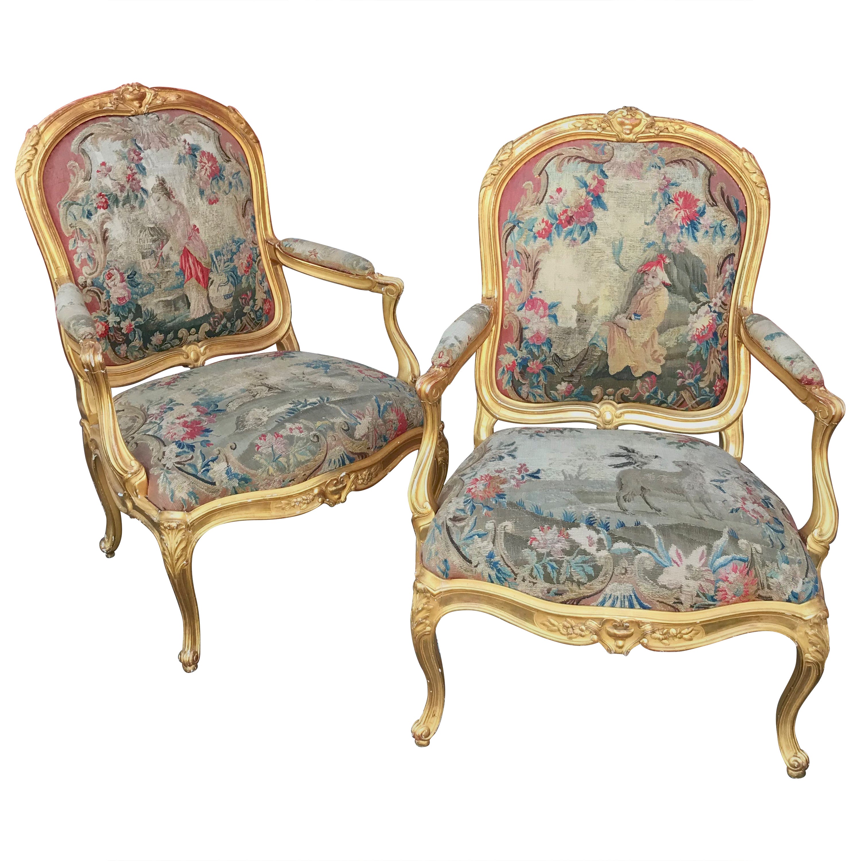 Pair of Large Louis XV Style Giltwood Fauteuil with Tapestry For Sale