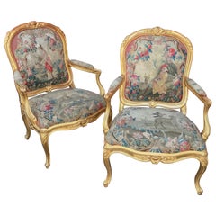 Pair of Large Louis XV Style Giltwood Fauteuil with Tapestry