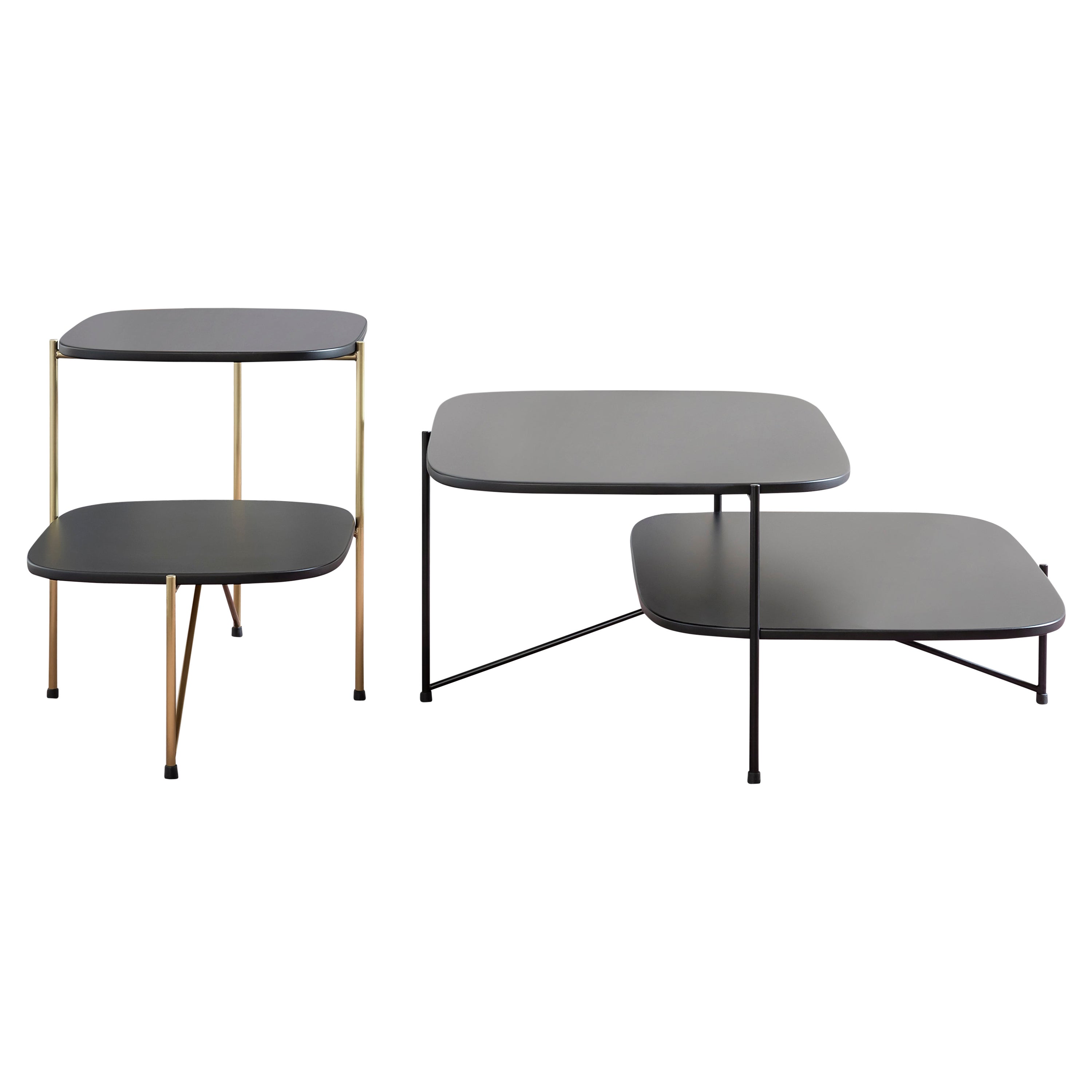 Petite table basse Haiku avec plateau noir et cadre en métal laiton satiné par Marco Zito en vente
