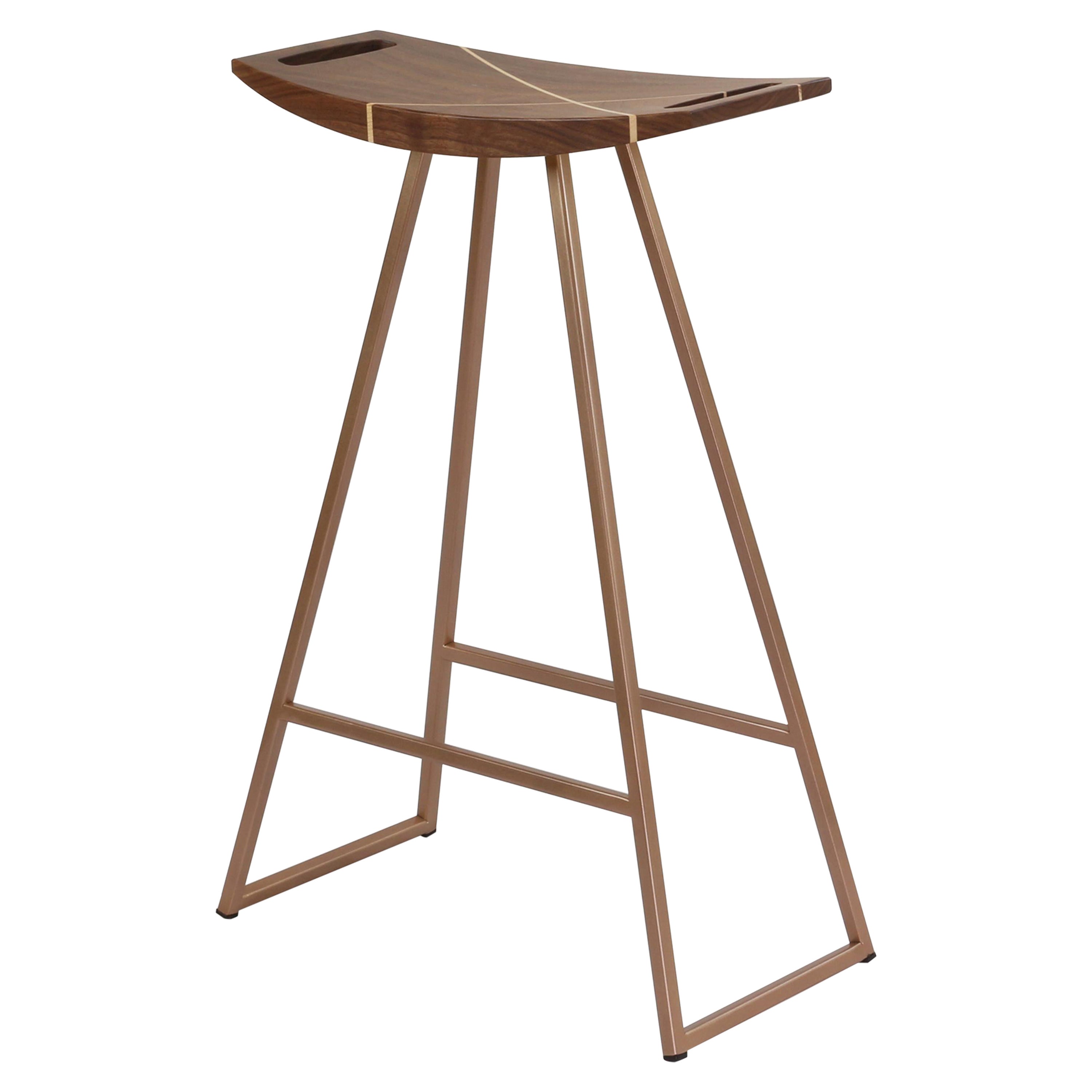 Roberts Counter Stool with Wood Inlay Walnut Rose Copper For Sale